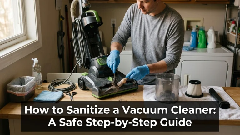 Homeowner safely sanitizing an unplugged vacuum with removable parts drying nearby.
