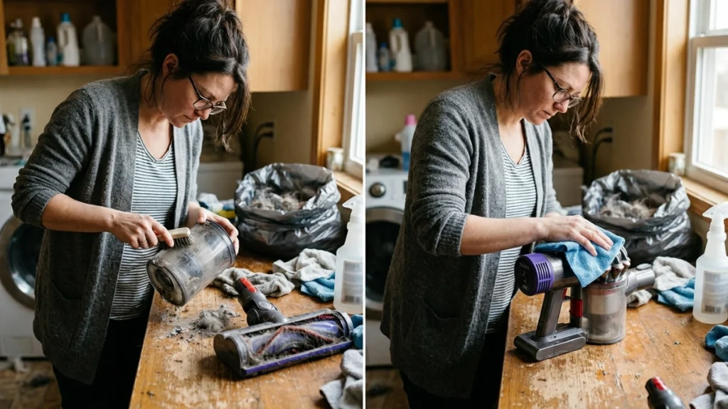 Homeowner removes vacuum dirt before wiping a clean hard surface with controlled disinfectant.