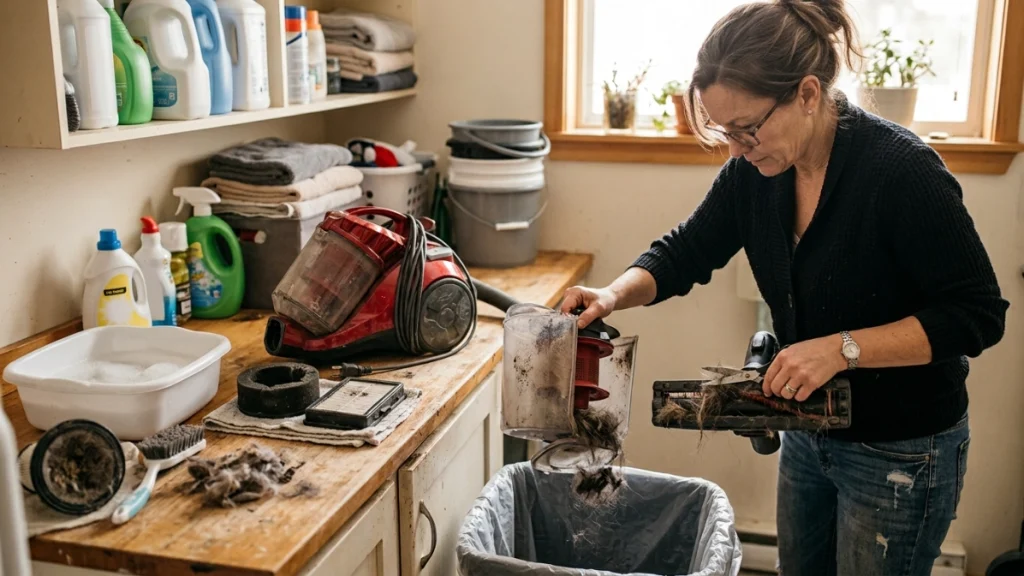 Homeowner performs routine vacuum care based on debris, filter buildup, pet accidents, illness and odors.