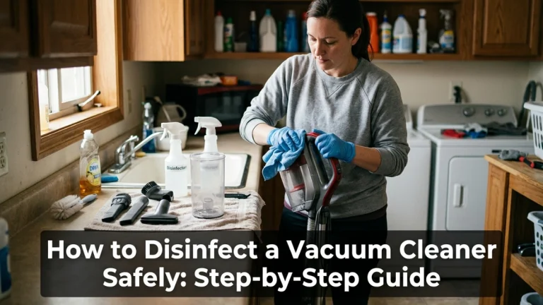 Homeowner safely disinfecting an unplugged vacuum cleaner with removable parts separated for cleaning.