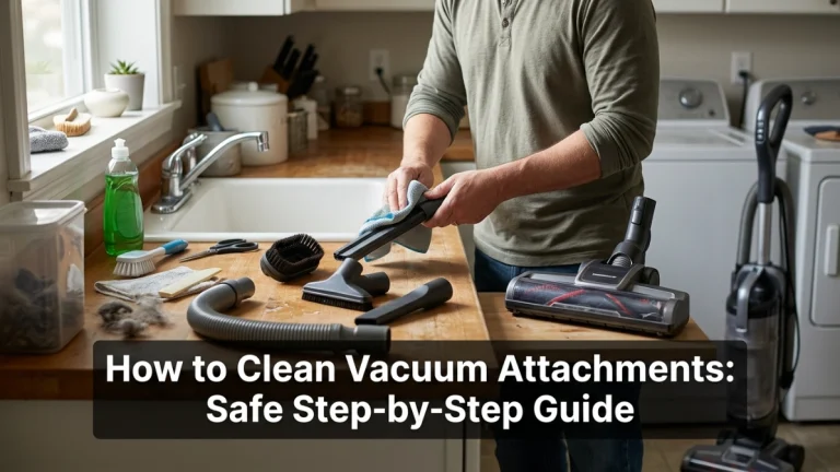 Homeowner safely cleaning crevice, brush, hose, and motorized vacuum attachments