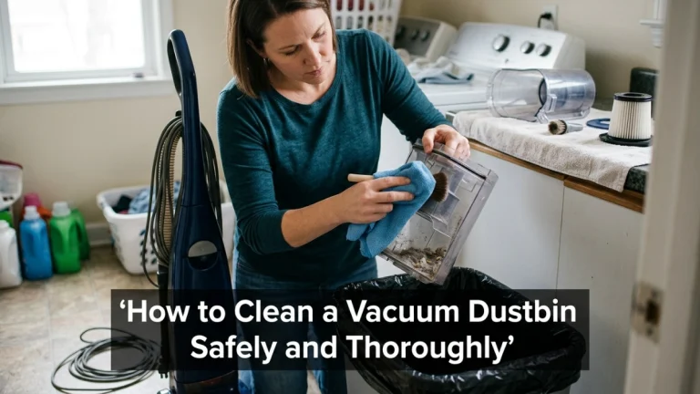 Homeowner safely cleaning a removable vacuum dustbin with microfiber cloth and soft brush