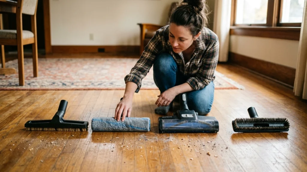 Four vacuum floor heads compared on hardwood, including soft roller and parquet attachments.