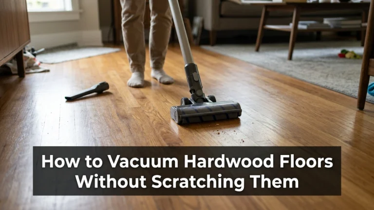 Homeowner slowly vacuuming hardwood flooring with a clean soft floor head.