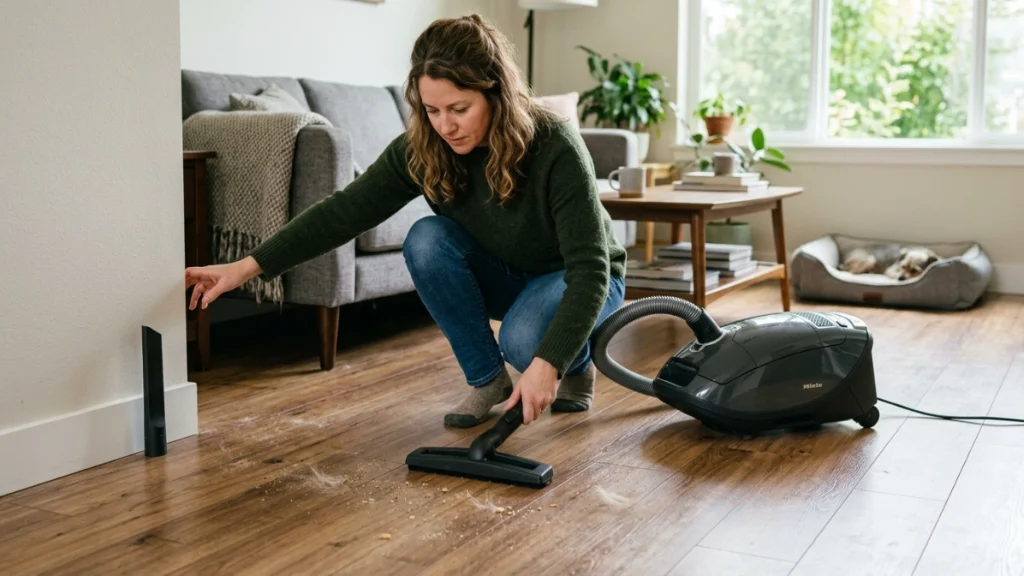 Suction-only floor head lifting dust, pet hair, and grit gently from laminate flooring.