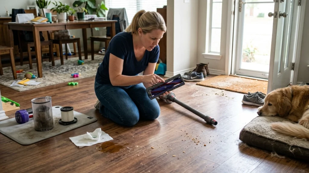 Homeowner checks trapped grit while managing pet hair, entry sand, sharp debris, and a wet spill.