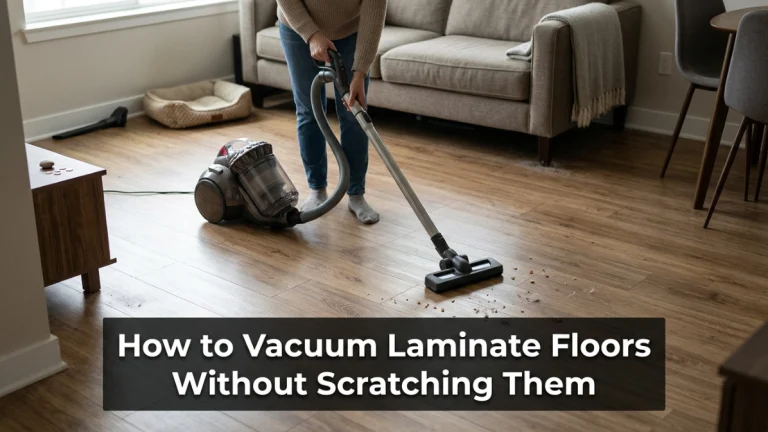 Homeowner slowly vacuuming laminate flooring with a clean hard-floor head to reduce scratching.