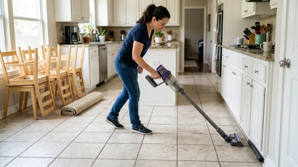 Homeowner vacuuming tile in slow overlapping passes before cleaning grout and edges.