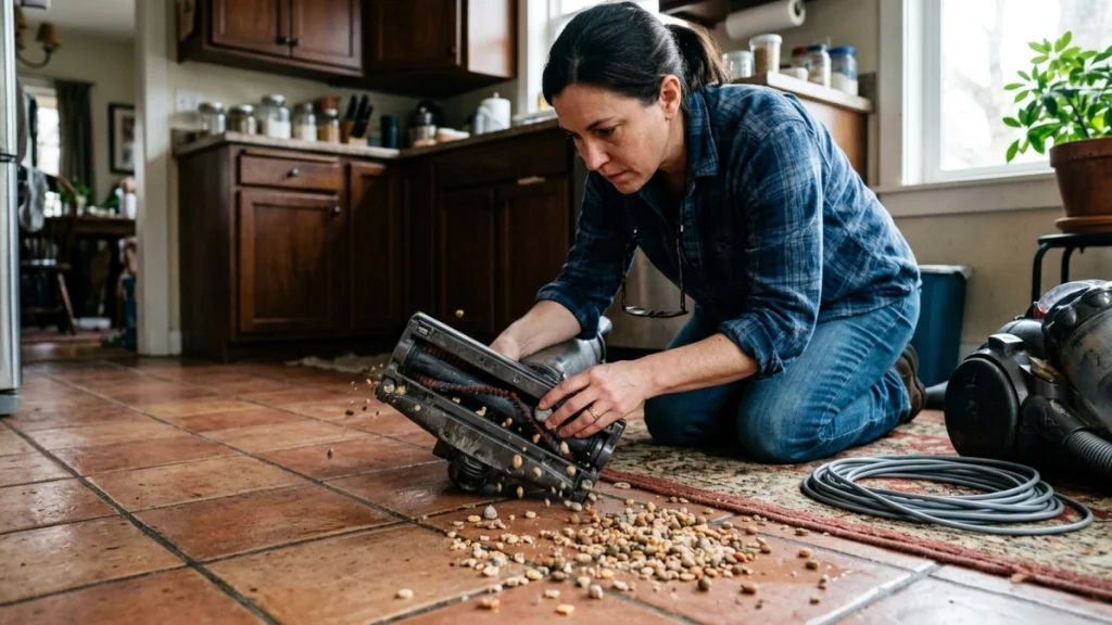 Homeowner inspecting a tile vacuum near scattered crumbs, trapped grit, and a wet spill.