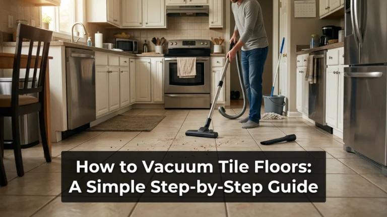 Homeowner vacuuming a tiled kitchen with a hard-floor head before mopping.
