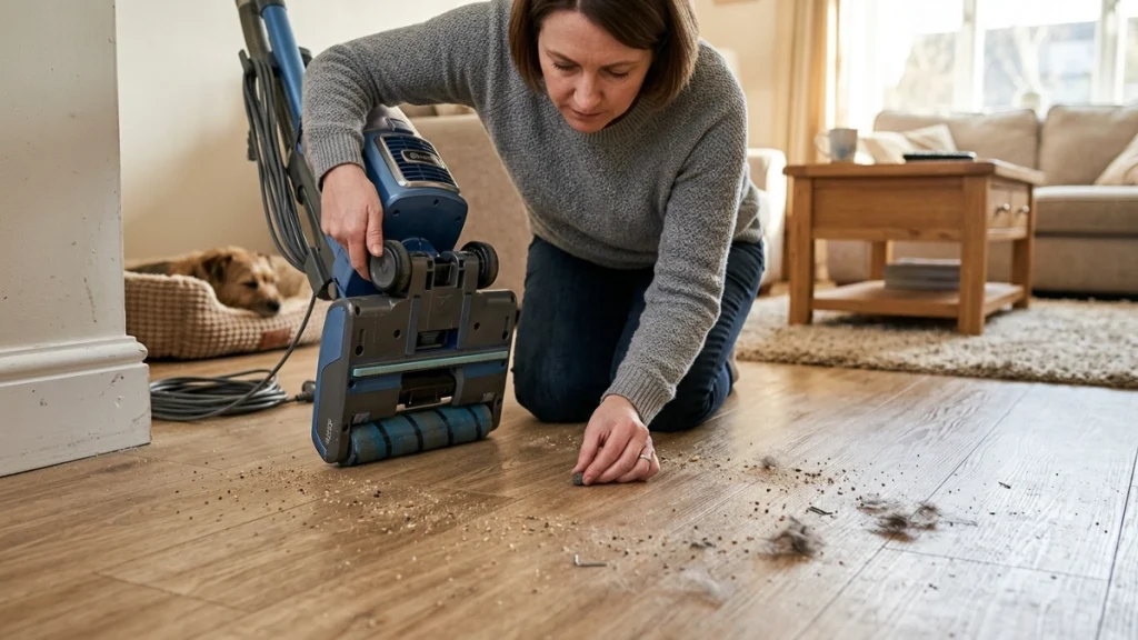 Homeowner removes sand and a stone before vacuuming luxury vinyl plank flooring.