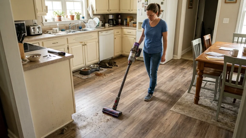 Person vacuuming vinyl plank flooring in slow overlapping rows after clearing debris and edges.