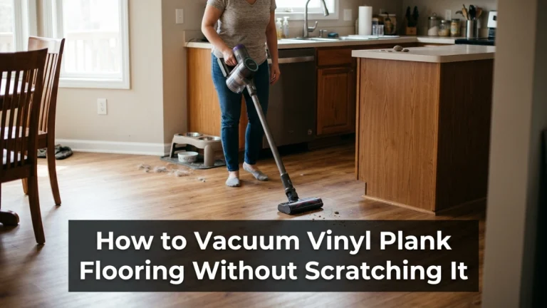 Person gently vacuuming vinyl plank flooring with a hard-floor vacuum head in a lived-in kitchen.