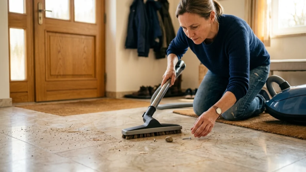 Soft vacuum head removing dust while sharp debris remains safely outside its path.