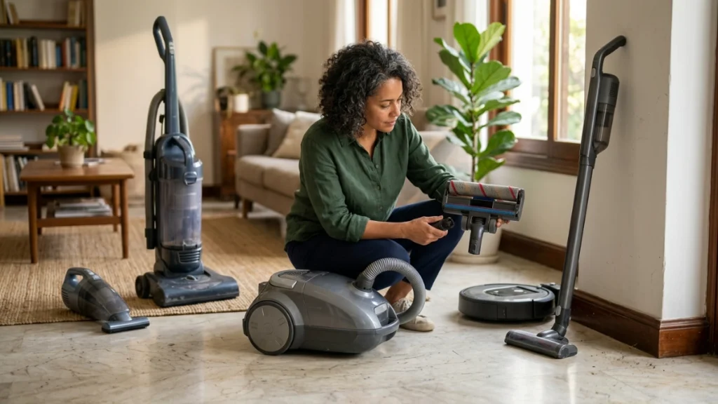 Canister, stick, upright, robot and handheld vacuums displayed on polished marble.