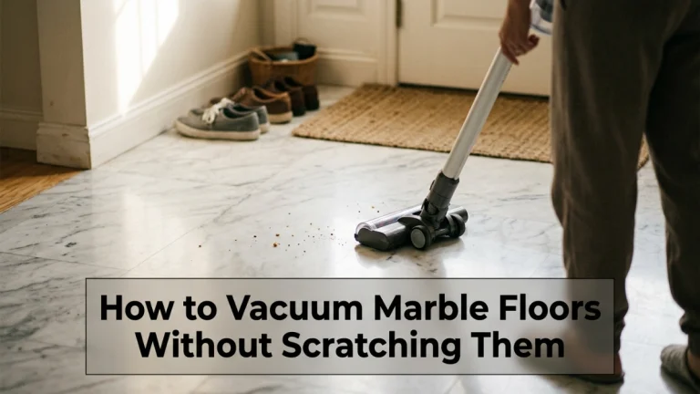 Person gently vacuuming polished marble with a soft hard-floor attachment.