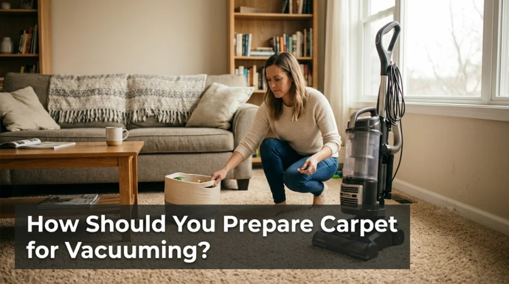 Homeowner clearing objects and checking a vacuum before cleaning carpet