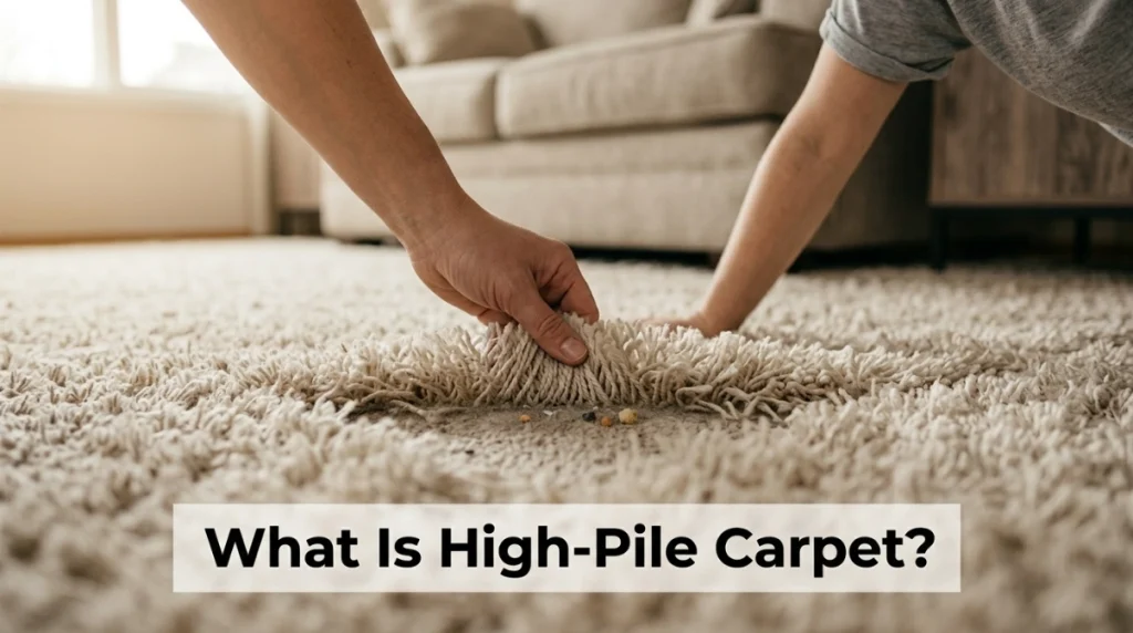Close-up showing long high-pile carpet fibers and debris hidden near the backing