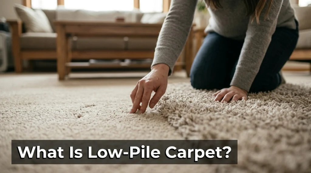 Close-up comparison showing the short, tightly packed fibers of low-pile carpet.