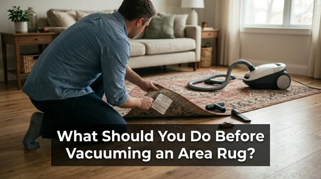 Homeowner checking an area rug care label and removing objects before vacuuming
