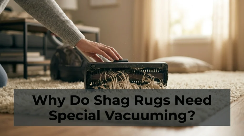 Long shag-rug fibers catching around a powered vacuum brush roll during cleaning