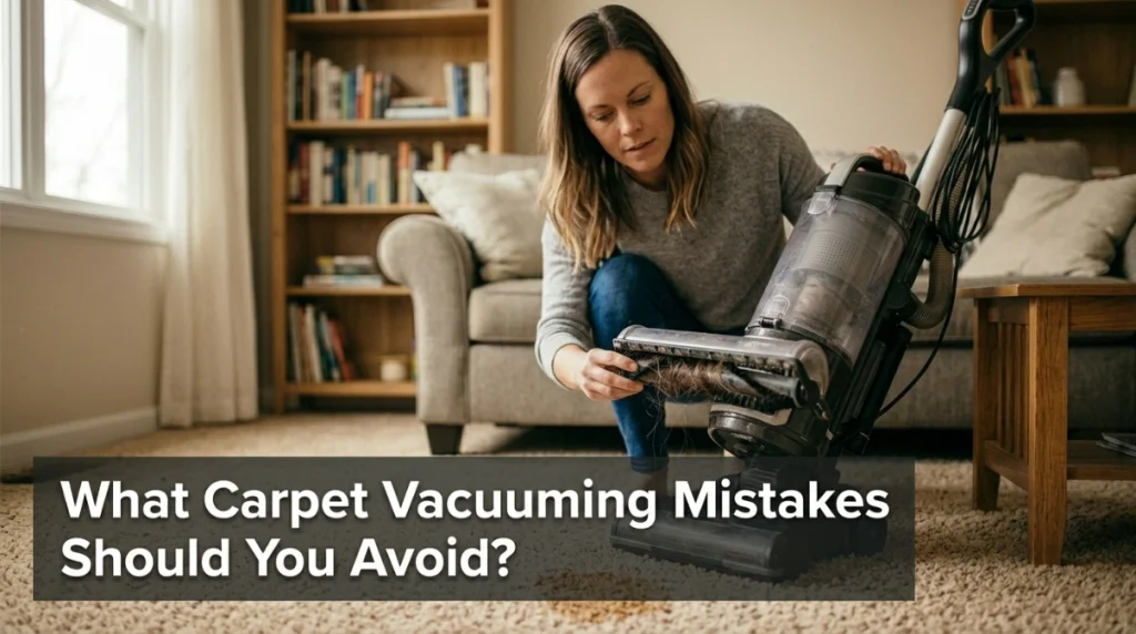 Homeowner checking an overfilled vacuum bin and hair-clogged brush beside dry carpet