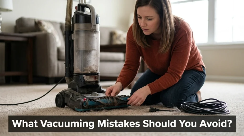 Homeowner checking an unplugged vacuum after hair wraps around its brush roll.