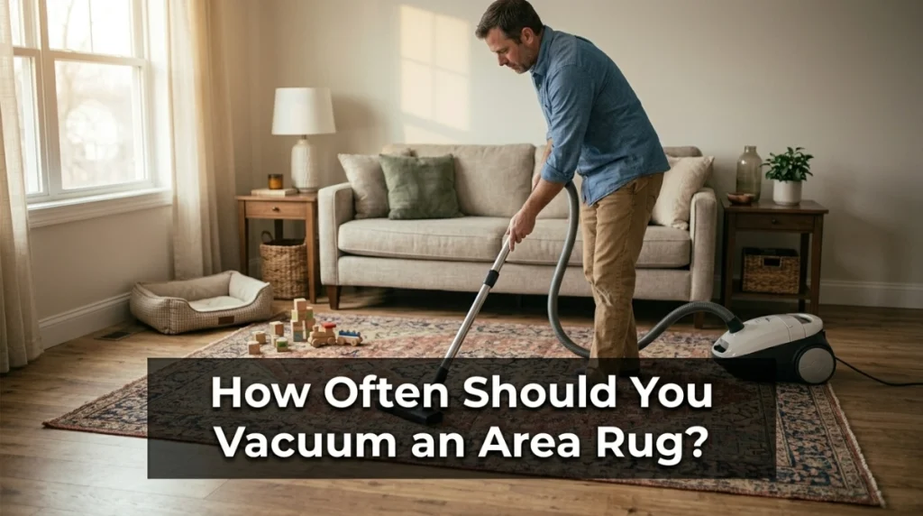 Homeowner following a regular area rug vacuuming schedule in a busy living room