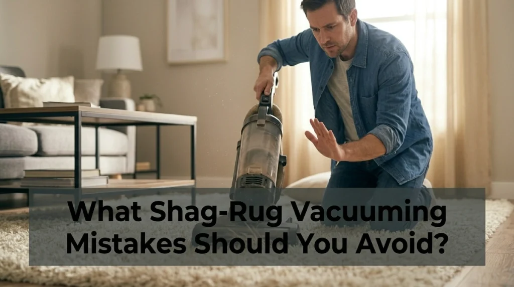 Homeowner stopping a vacuum before its rotating brush catches long shag-rug fibers
