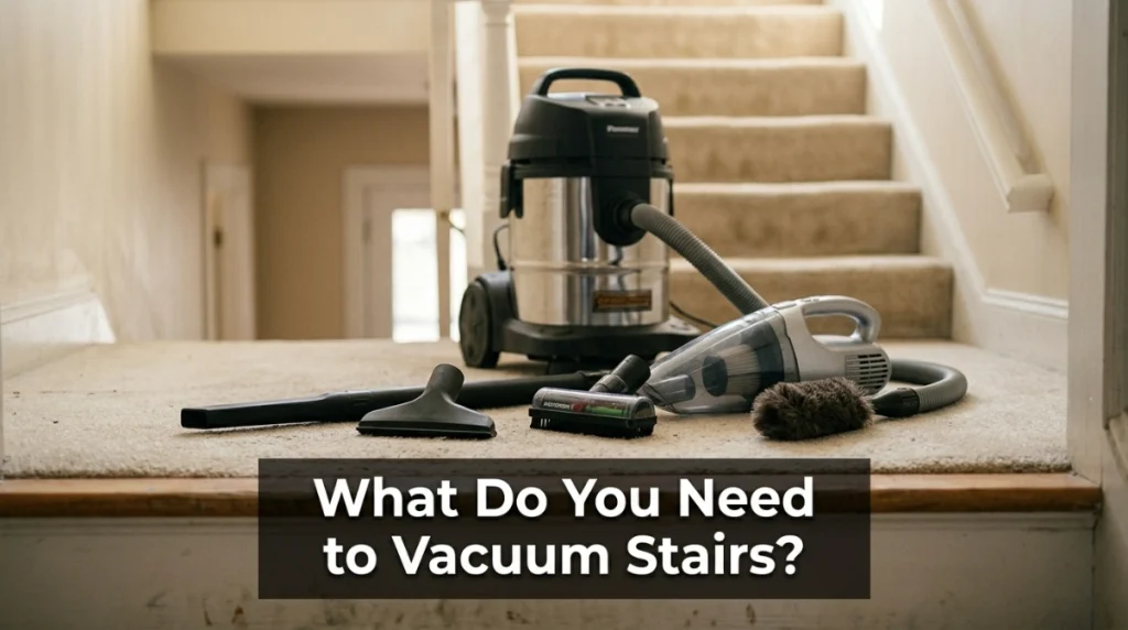 Handheld vacuum with crevice, upholstery, motorized brush, and dusting attachments for stairs