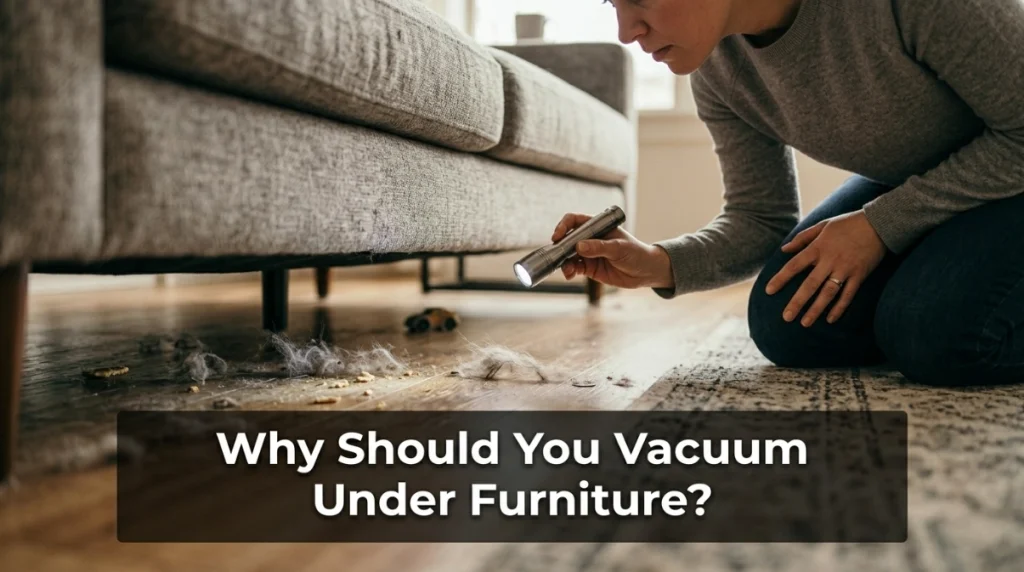 Dust, crumbs, and pet hair beneath a sofa inspected with a flashlight