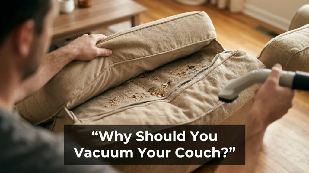 Dust, crumbs, and pet hair revealed beneath a couch cushion before vacuuming