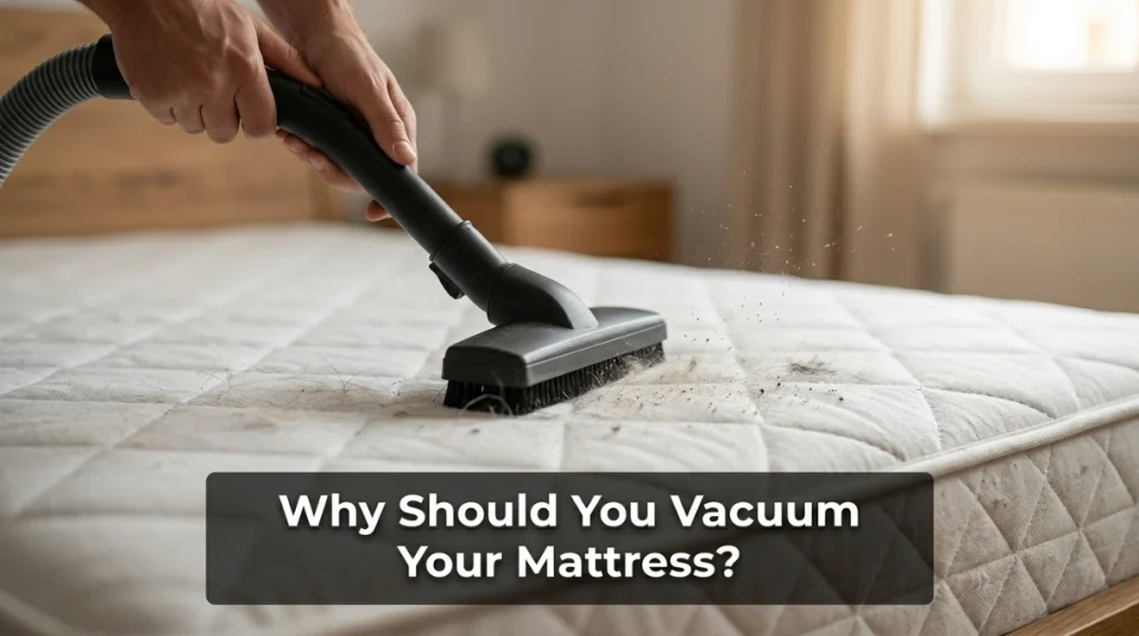Upholstery vacuum nozzle removing hair and surface dust from a quilted mattress