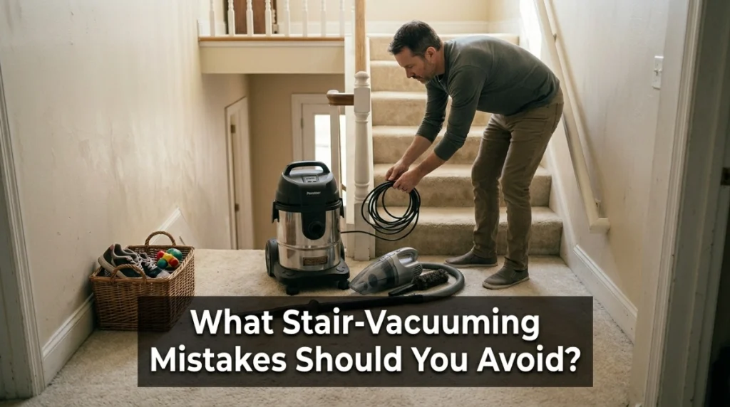 Homeowner clearing a vacuum cord and other trip hazards from a residential staircase