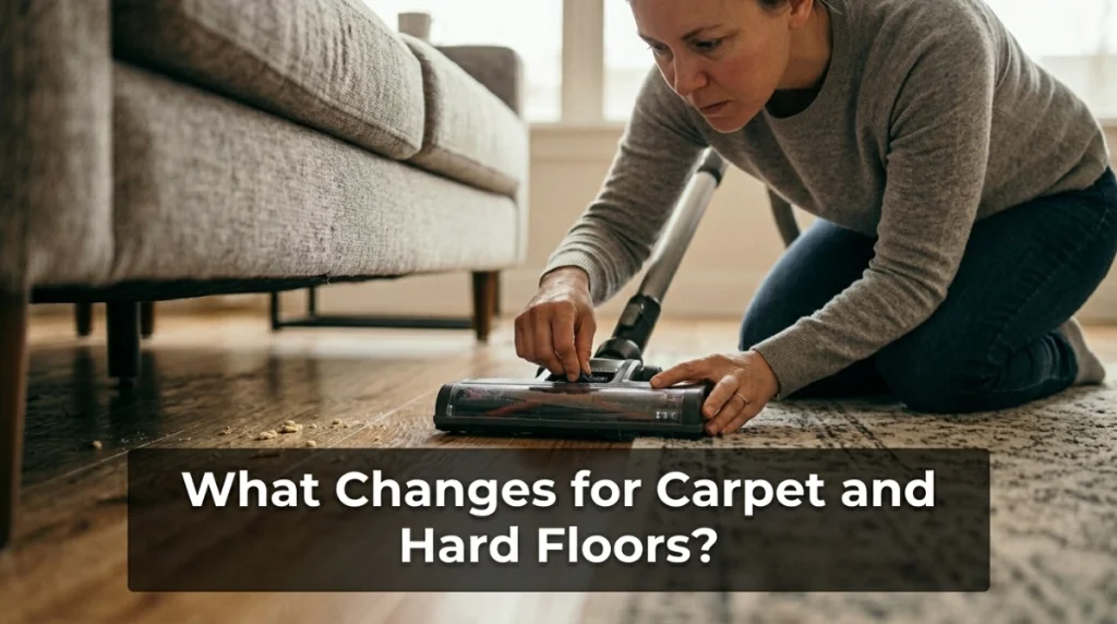 Homeowner adjusting a vacuum head where carpet meets hardwood beneath a sofa