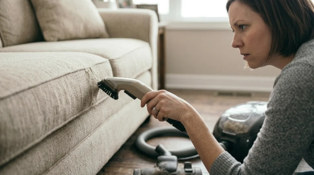 Homeowner stopping excessive vacuum suction from pulling and damaging sofa upholstery