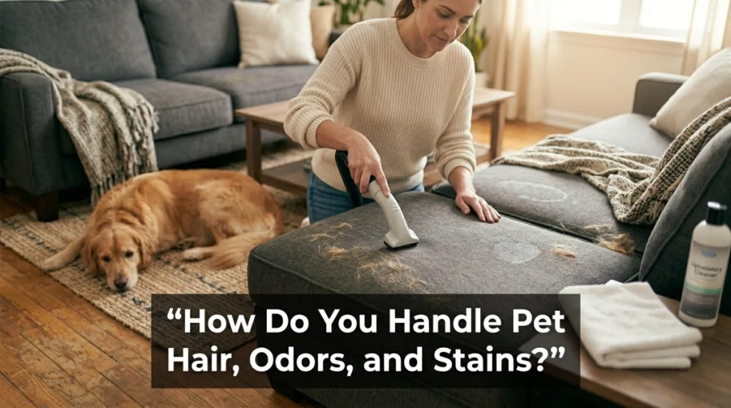 Homeowner vacuuming pet hair from a fabric couch before addressing a stain