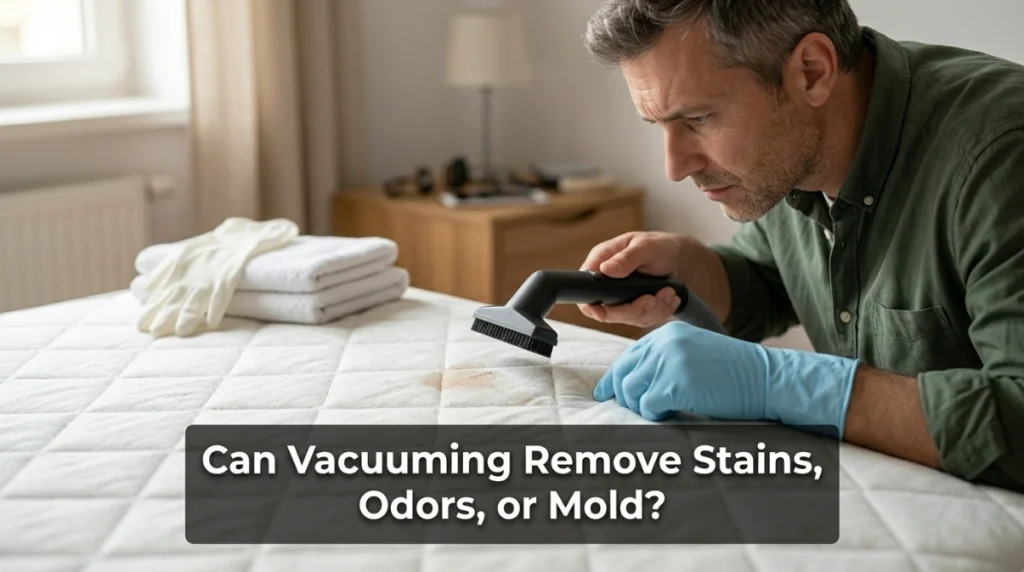 Homeowner inspecting a mattress stain before deciding on the proper cleaning method