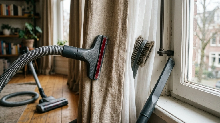 Upholstery, soft brush, and crevice vacuum attachments beside hanging curtains