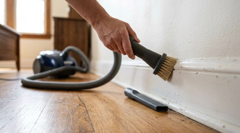 Soft dusting brush and crevice tool used to vacuum painted baseboards and floor seams