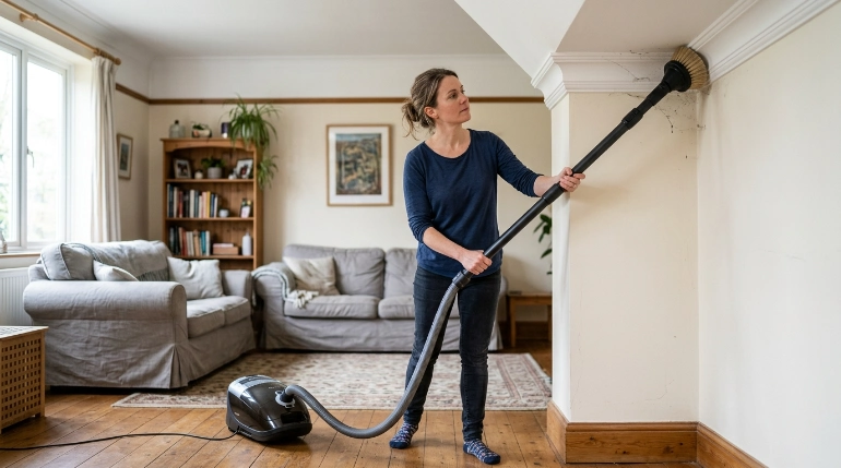 Homeowner vacuuming a ceiling corner with a soft brush and long extension wand