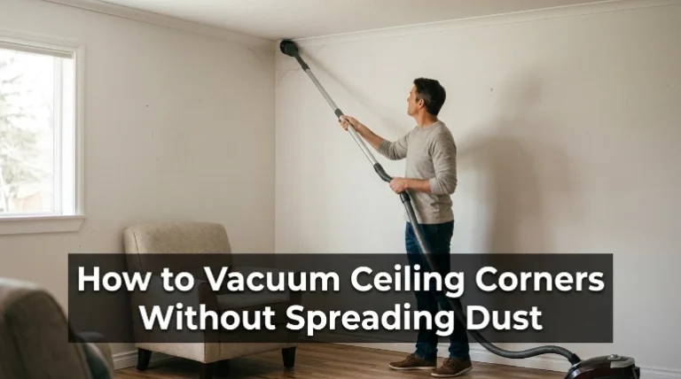 How to vacuum ceiling corners using a soft brush and extension wand without spreading dust
