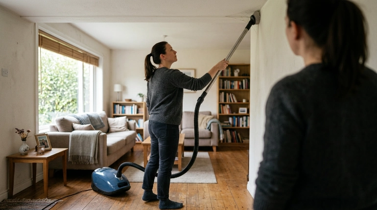 Homeowner slowly vacuuming a ceiling corner with a soft brush on an extension wand