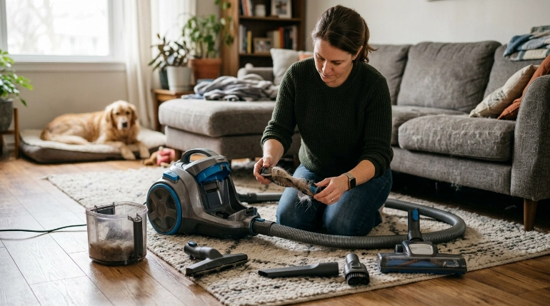 Vacuum brush roll, hose and pet hair attachments prepared for cleaning dog hair