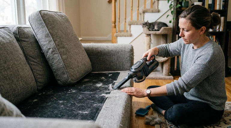 How to vacuum cat hair from sofa seams using an upholstery tool with stairs nearby