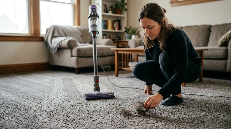 Person picking up long hair clumps before vacuuming carpet with slow overlapping passes.