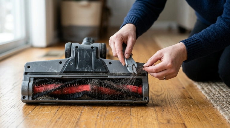 Cleaning long hair wrapped around a disconnected vacuum brush roll and checking both roller ends.