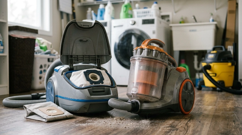 Sealed bagged and bagless filtered vacuums compared for fine household dust pickup