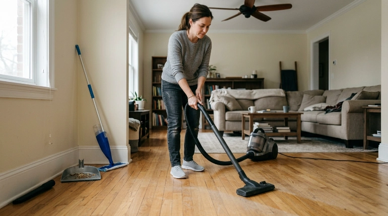 Homeowner vacuuming fine dust slowly from hardwood before finishing with a damp microfiber mop