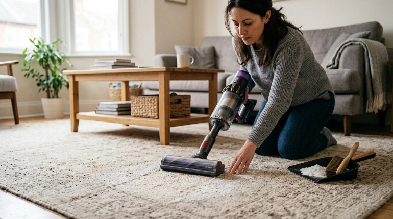 Person vacuuming dry baking soda from carpet after removing excess powder with a dustpan.